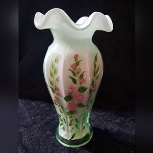 Vintage Fenton Opaline Green Cased Glass Vase with  Ruffled top and Hand Painted